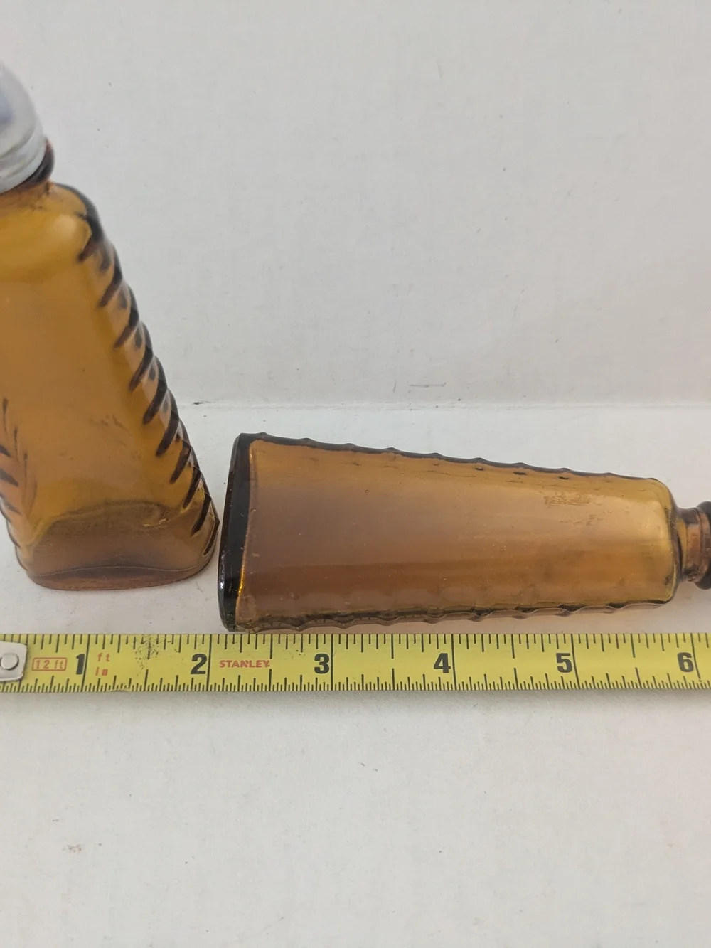 Amber Glass Salt and Pepper Shakers with Silver Tops. Made In Taiwan